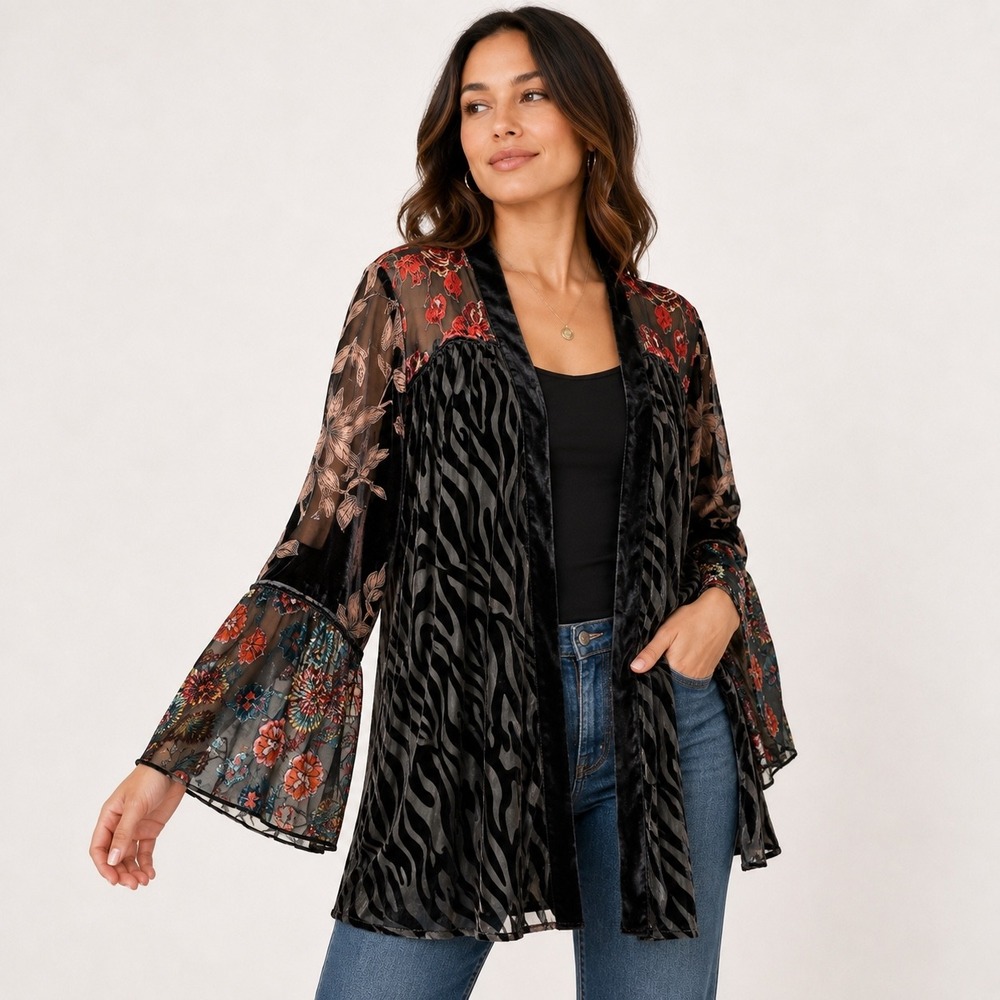 Multiples Burnout Velvet Kimono Cardigan 2X Floral Zebra Bell Sleeve Boho